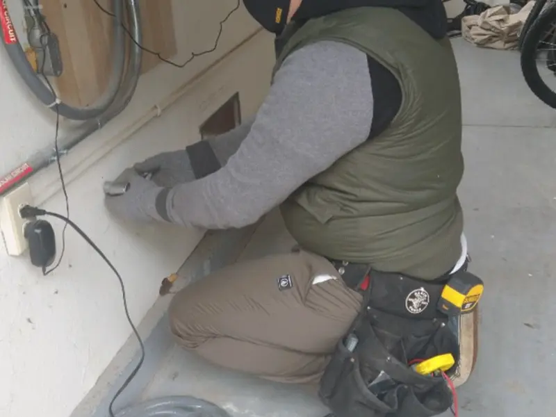 Electrician performing outlet wiring in a Bangor Base garage